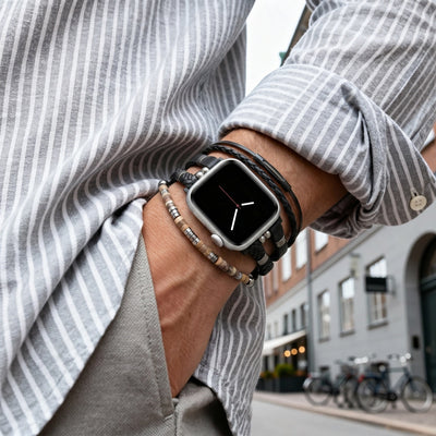 Βραχιόλι Apple Watch ανδρικό δερμάτινο, πολλαπλές σειρές με χάντρες μάτι της τίγρης, ρυθμιζόμενο, ισχυρό βραχιόλι για ανδρικό καρπό, μοντέλο Marèse