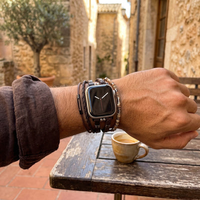 Βραχιόλι Apple Watch ανδρικό δερμάτινο, πολλαπλές σειρές με χάντρες μάτι της τίγρης, ρυθμιζόμενο, ισχυρό βραχιόλι για ανδρικό καρπό, μοντέλο Marèse