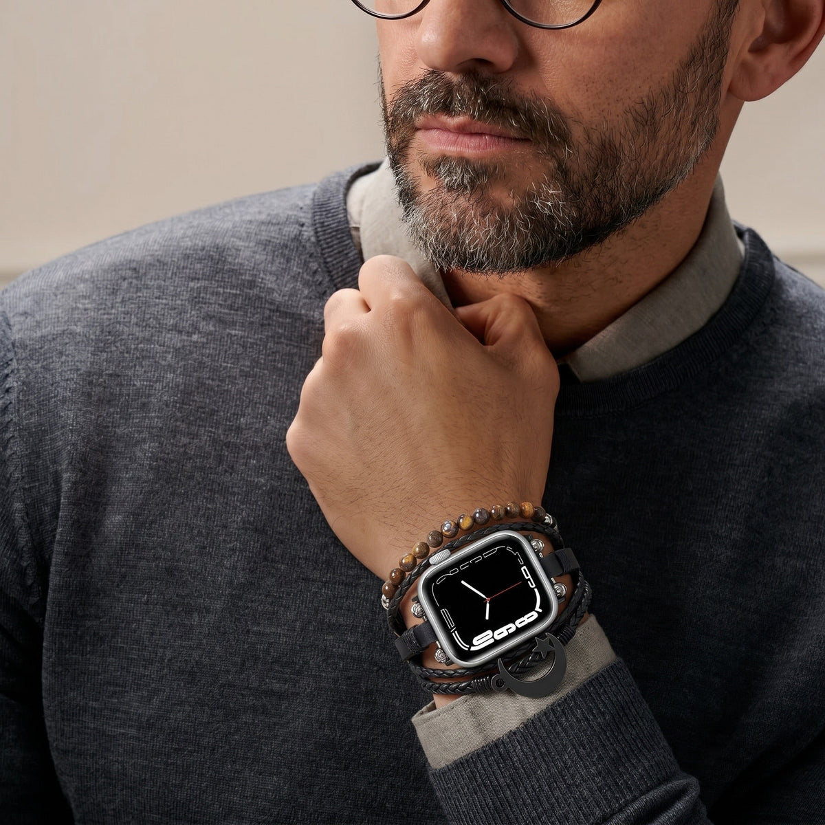 Bracelet Apple Watch homme, cuir tressé noir, pierres œil de tigre, symbole hilal, fermoir ajustable, modèle Selim