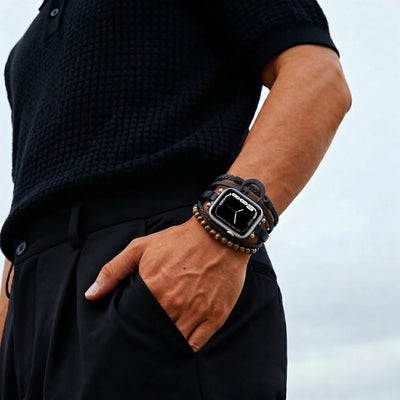 Bracelet Apple Watch homme, cuir tressé noir, pierres œil de tigre, symbole hilal, fermoir ajustable, modèle Selim