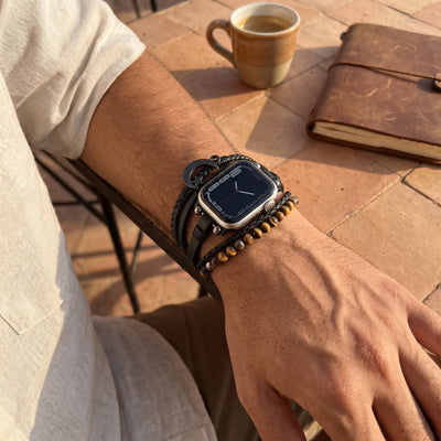 Bracelet Apple Watch homme, cuir tressé noir, pierres œil de tigre, symbole hilal, fermoir ajustable, modèle Selim