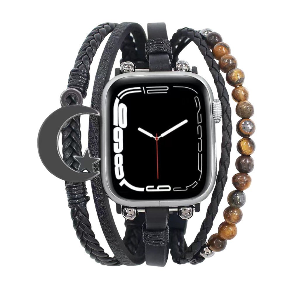 Bracelet Apple Watch homme, cuir tressé noir, pierres œil de tigre, symbole hilal, fermoir ajustable, modèle Selim