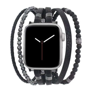 Βραχιόλι Apple Watch για άνδρες πολλαπλών σειρών, γνήσιο δέρμα και ηφαιστειακή πέτρα, κούμπωμα από ανοξείδωτο ατσάλι, τολμηρό στυλ, μοντέλο Reyo