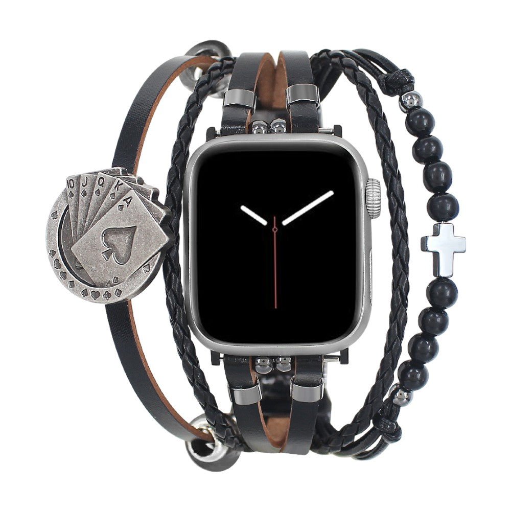 Pulseira Apple Watch homem preta, multi voltas com cruz e ónix, cartas de casino amuleto da sorte, elos ajustáveis, modelo Fortuna