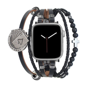 Bracelet Apple Watch homme noir, multi rangs avec croix et onyx, cartes casino porte bonheur, maillons ajustables, modèle Fortuna