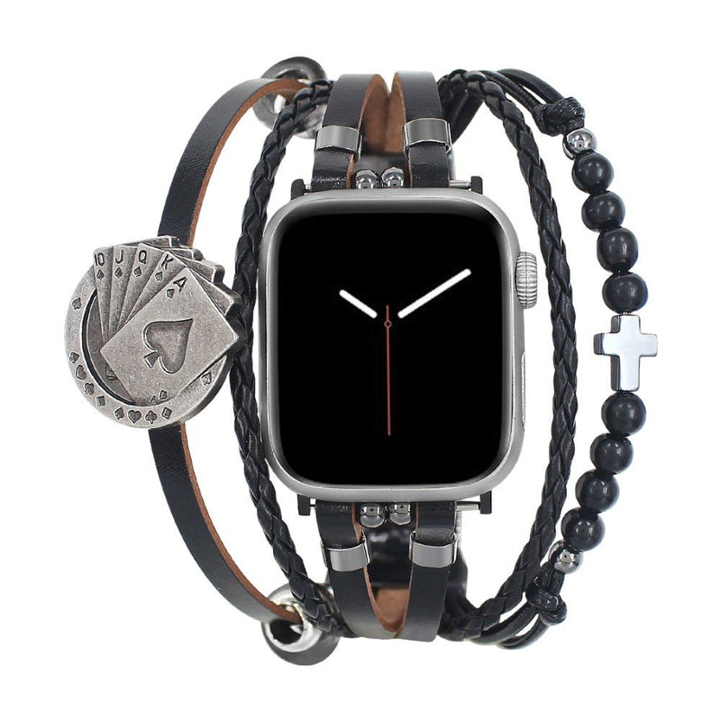 Bracelet Apple Watch homme noir, multi rangs avec croix et onyx, cartes casino porte bonheur, maillons ajustables, modèle Fortuna