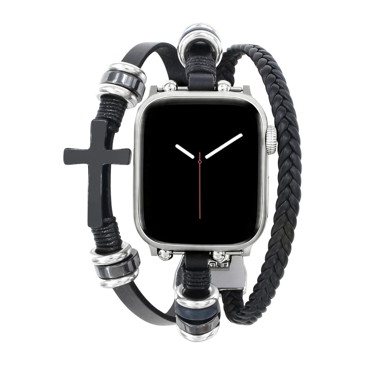 Βραχιόλι Apple Watch ανδρικό, πλεκτό vegan δέρμα, μαύρος χριστιανικός σταυρός, ρυθμιζόμενοι κρίκοι, μοντέρνο θρησκευτικό στυλ, μοντέλο Philémon