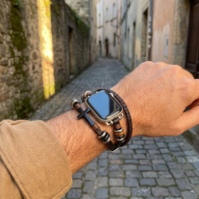 Βραχιόλι Apple Watch ανδρικό, πλεκτό vegan δέρμα, μαύρος χριστιανικός σταυρός, ρυθμιζόμενοι κρίκοι, μοντέρνο θρησκευτικό στυλ, μοντέλο Philémon