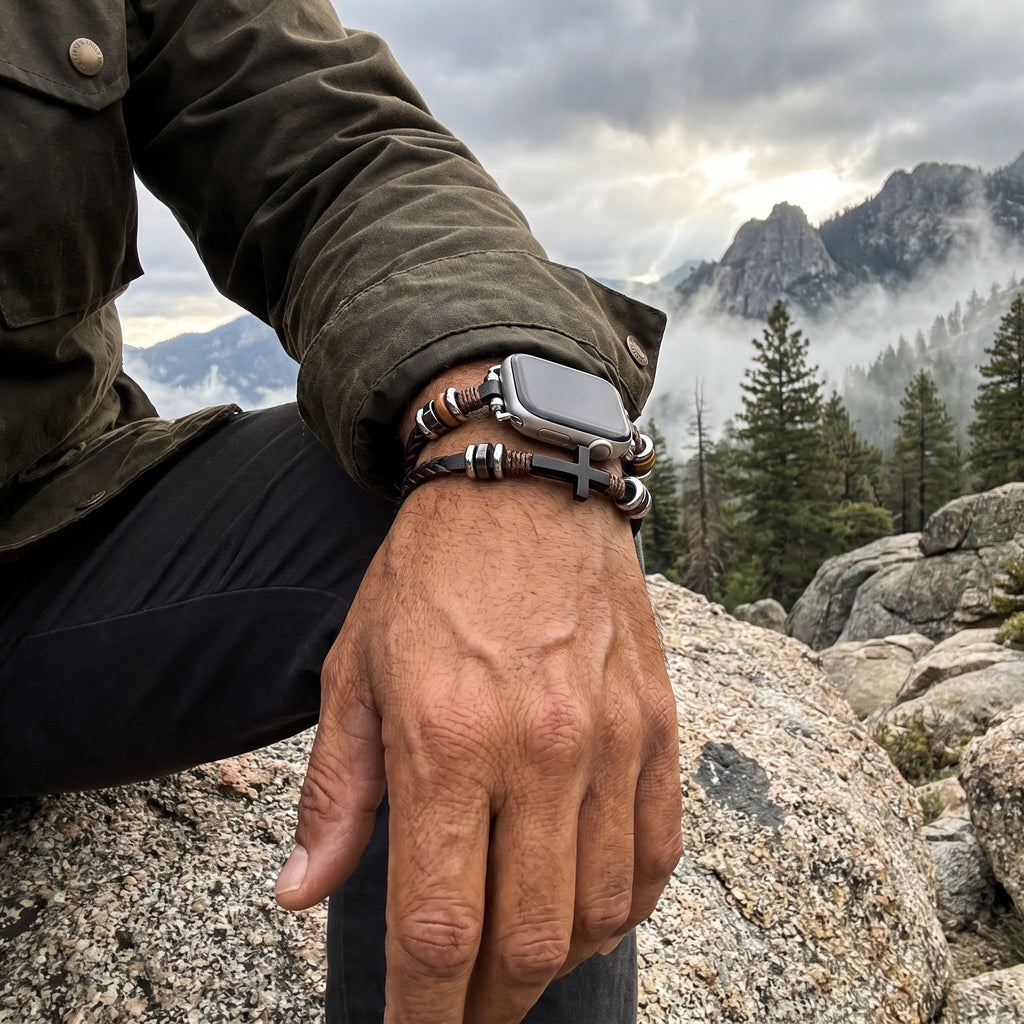 Apple Watch Armband für Herren, geflochtenes veganes Kunstleder, schwarze christliche Kreuz-Verzierung, verstellbare Glieder, moderner religiöser Stil, Modell Philémon