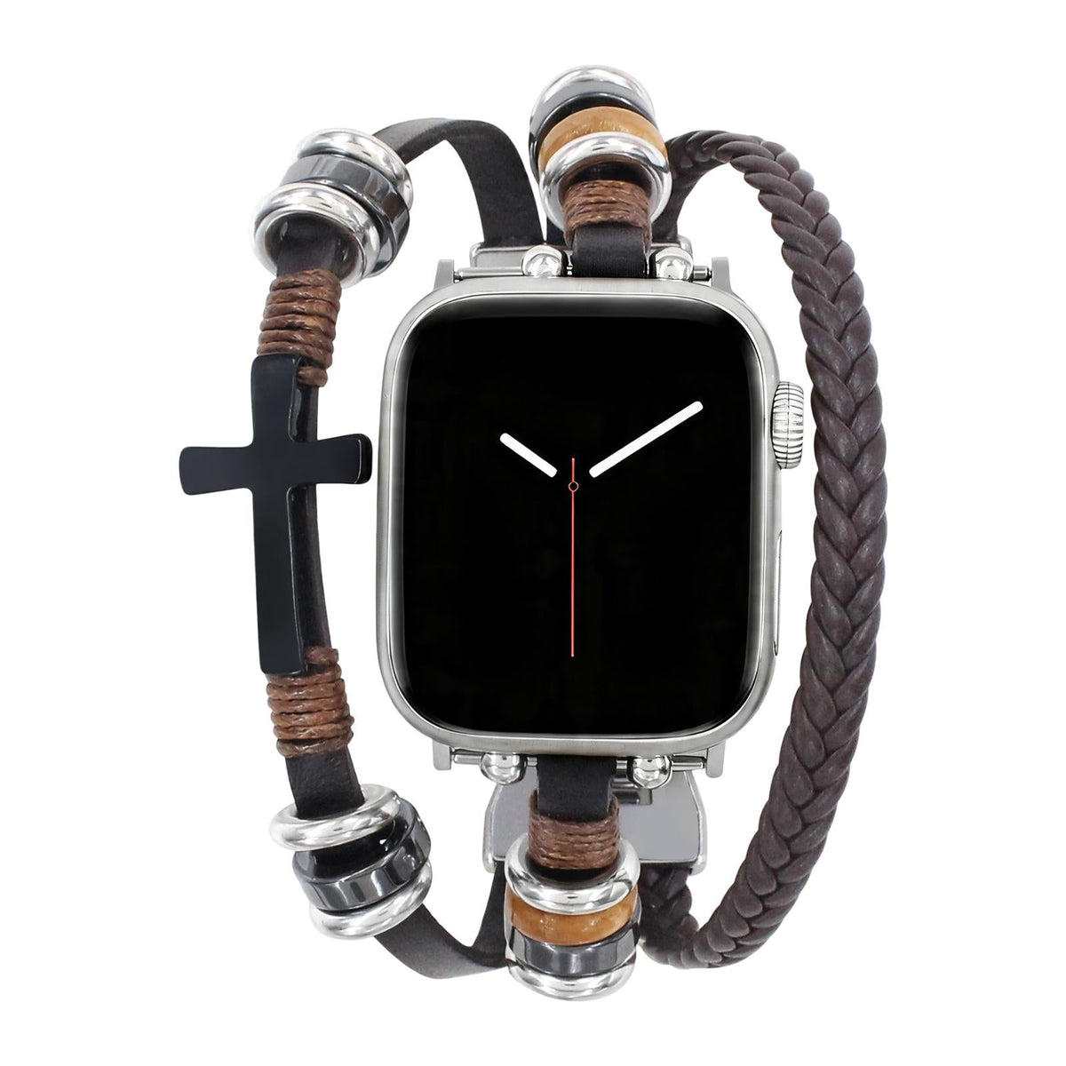 Βραχιόλι Apple Watch ανδρικό, πλεκτό vegan δέρμα, μαύρος χριστιανικός σταυρός, ρυθμιζόμενοι κρίκοι, μοντέρνο θρησκευτικό στυλ, μοντέλο Philémon