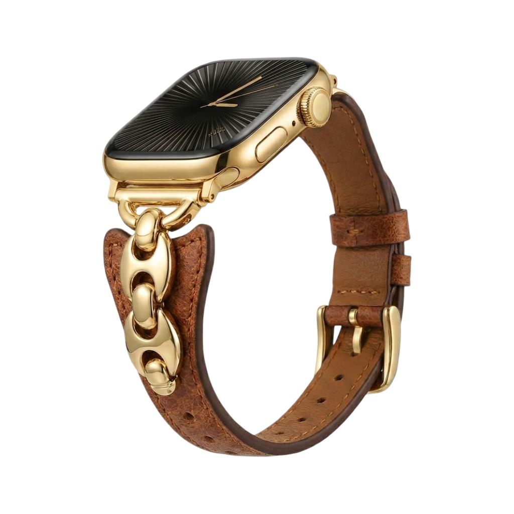 Brazalete Apple Watch malla marina, correa fina ajustable con hebilla, acabados dorados, plateados y negros, modelo Malsa