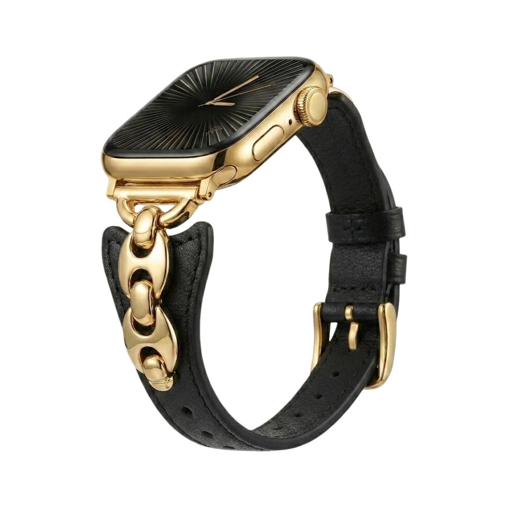 Brazalete Apple Watch malla marina, correa fina ajustable con hebilla, acabados dorados, plateados y negros, modelo Malsa