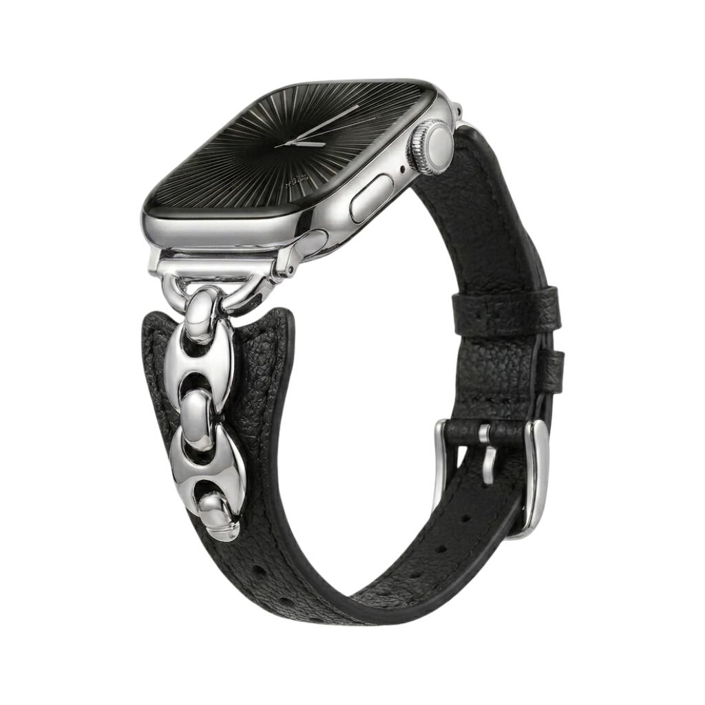 Brazalete Apple Watch malla marina, correa fina ajustable con hebilla, acabados dorados, plateados y negros, modelo Malsa