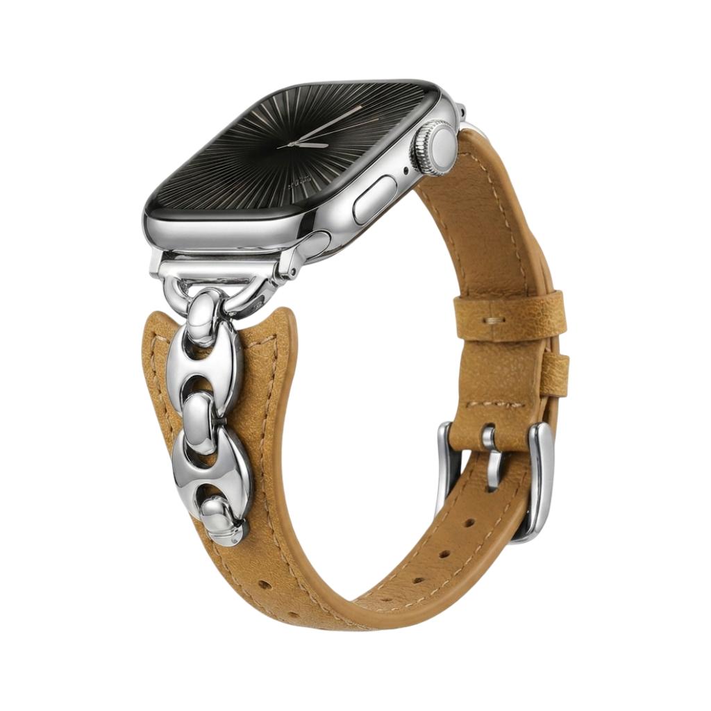 Apple Watch Armband im Marinemuster, schmaler, verstellbarer Riemen mit Dornschließe, goldene, silberne und schwarze Akzente, Modell Malsa
