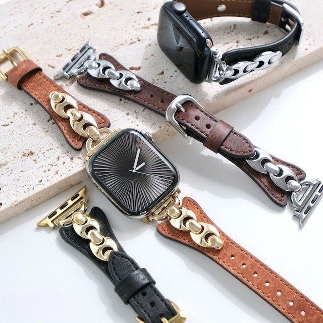 Brazalete Apple Watch malla marina, correa fina ajustable con hebilla, acabados dorados, plateados y negros, modelo Malsa