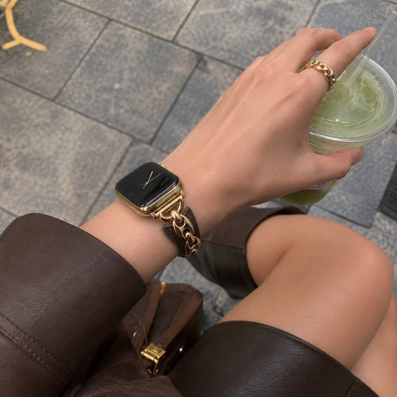 Brazalete Apple Watch malla marina, correa fina ajustable con hebilla, acabados dorados, plateados y negros, modelo Malsa