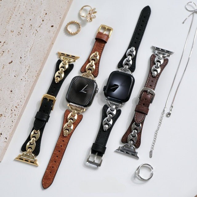 Brazalete Apple Watch malla marina, correa fina ajustable con hebilla, acabados dorados, plateados y negros, modelo Malsa