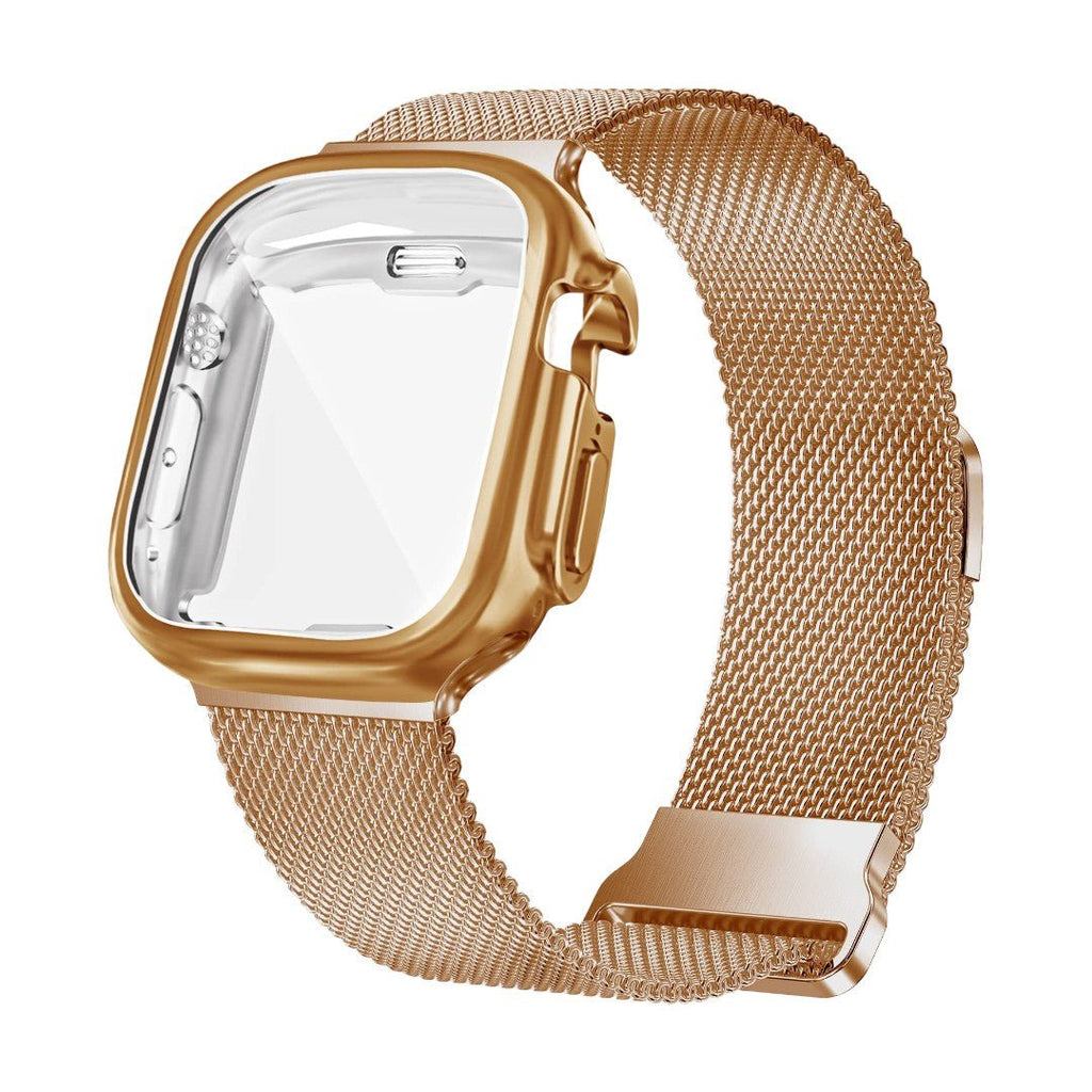 Bracelet Apple Watch maille milanaise en acier inoxydable doré avec fermoir magnétique et coque de protection intégrée.