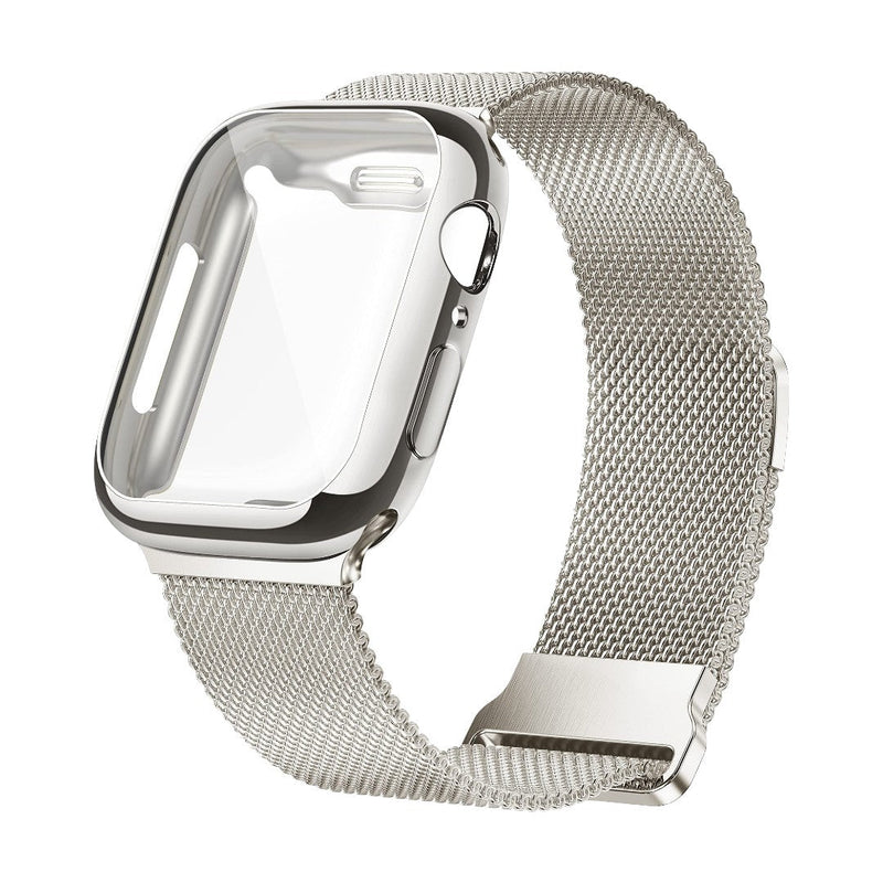 Bracelet Apple Watch milanais en acier inoxydable argenté avec fermoir magnétique et coque transparente intégrée.