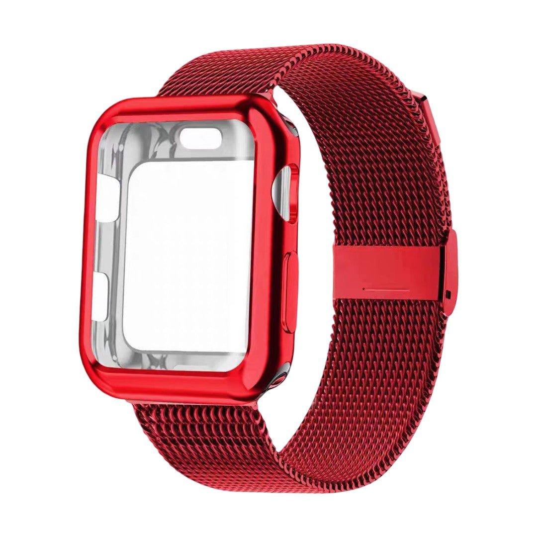 Bracelet Apple Watch maille milanaise rouge en acier inoxydable avec coque de protection intégrée et fermoir magnétique.