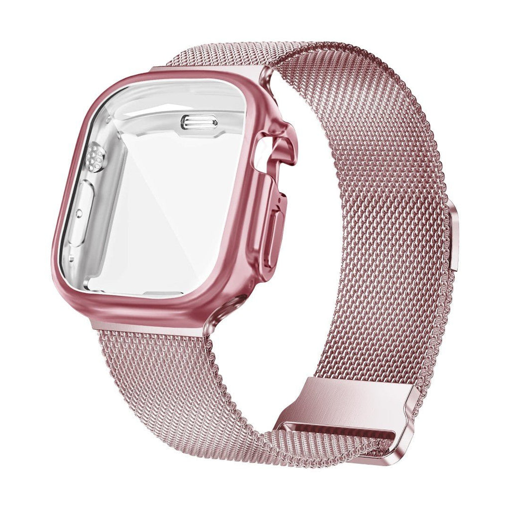 Bracelet Apple Watch maille milanaise rose métallisé avec coque de protection intégrée et fermoir magnétique.