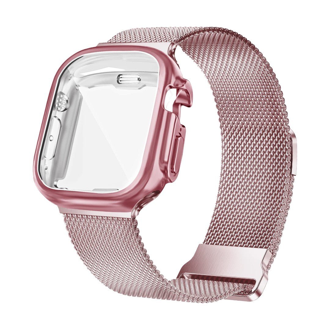 Bracelet Apple Watch maille milanaise rose métallisé avec coque de protection intégrée et fermoir magnétique.