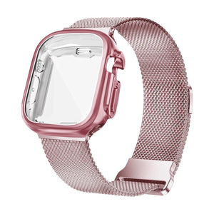 Bracelet Apple Watch maille milanaise rose métallisé avec coque de protection intégrée et fermoir magnétique.