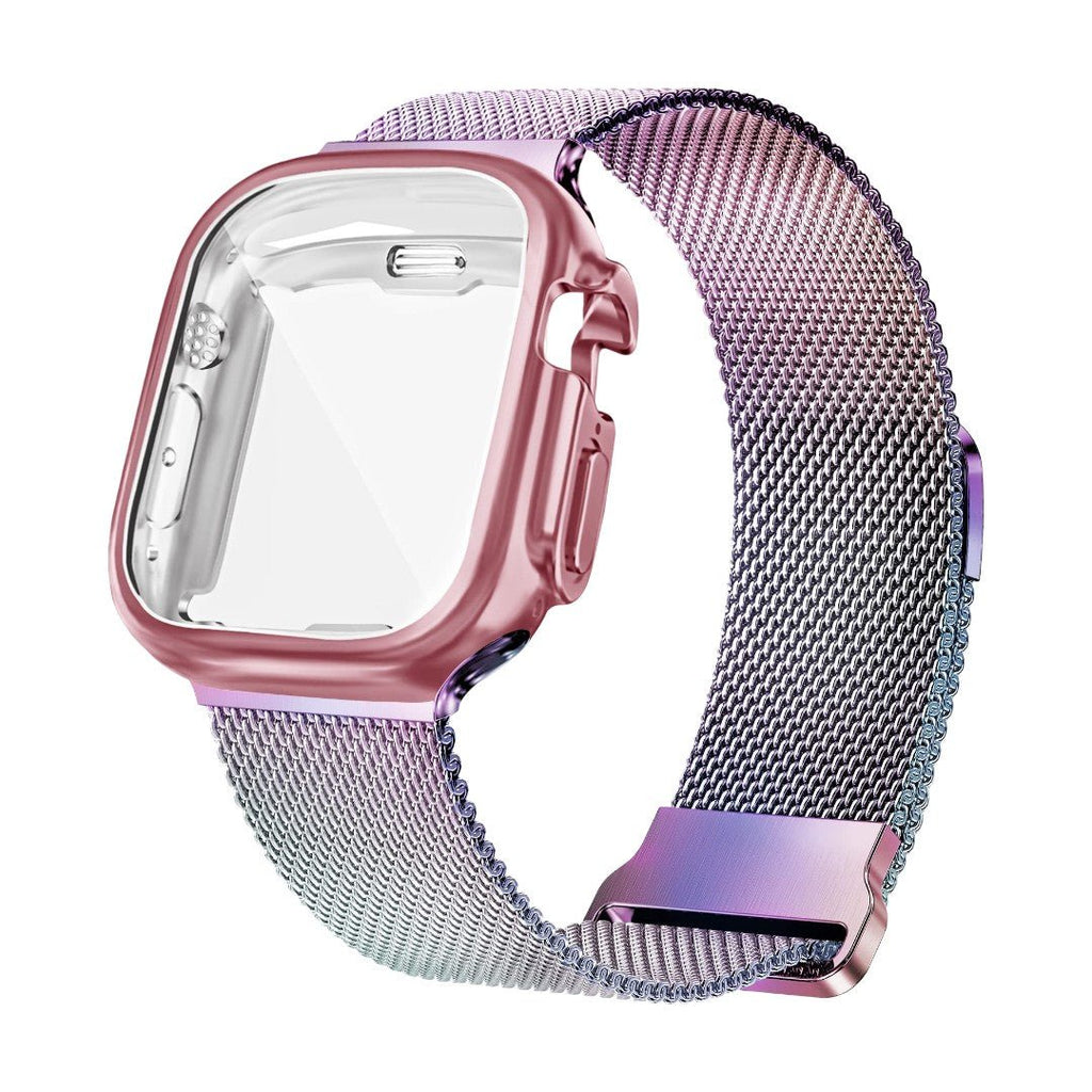 Bracelet Maille milanaise en acier inoxydable couleur dégradé violet avec coque de protection rose pour Apple Watch, fermoir