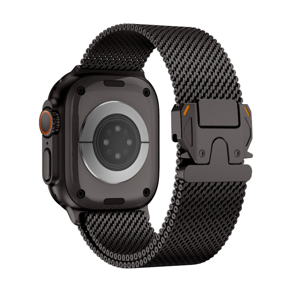 Bracelet Apple Watch maille milanaise en acier inoxydable noir avec fermoir sécurité parachute tactique design Élanko.
