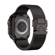 Bracelet Apple Watch maille milanaise en acier inoxydable noir avec fermoir sécurité parachute tactique design Élanko.