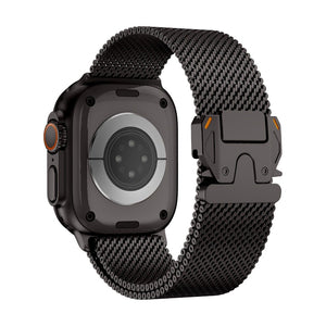 Bracelet Apple Watch maille milanaise en acier inoxydable noir avec fermoir sécurité parachute tactique design Élanko.