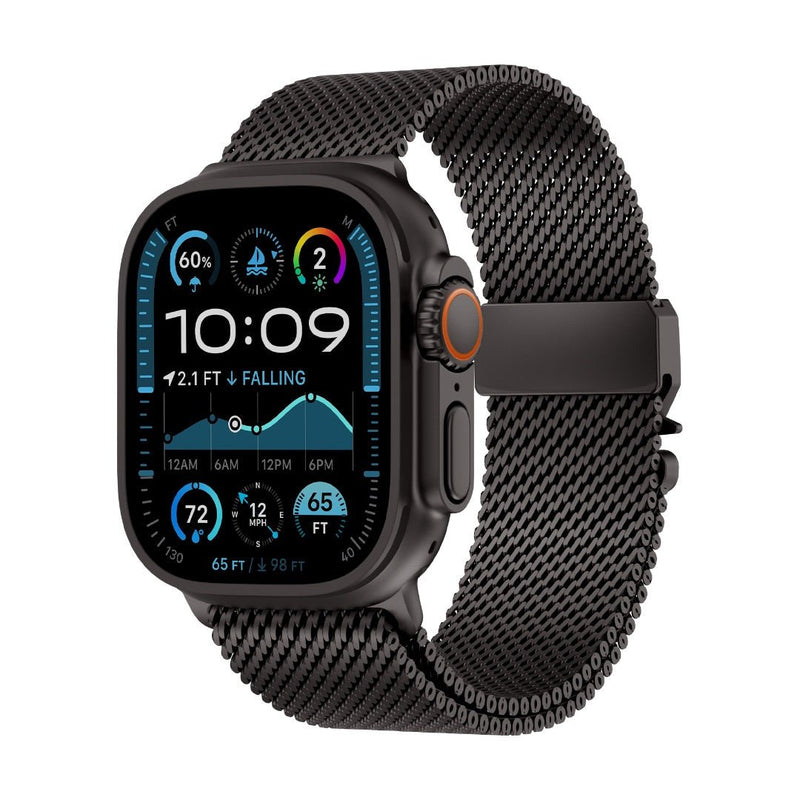 Bracelet maille milanaise en acier inoxydable noir pour Apple Watch avec fermoir sécurité tactique parachute.