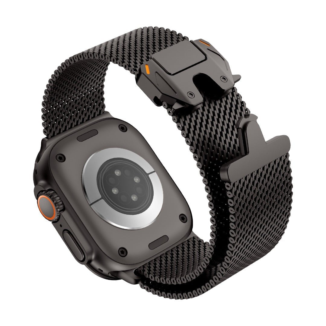 Bracelet Apple Watch maille milanaise en acier inoxydable noir avec fermoir sécurité parachute tactique robuste.