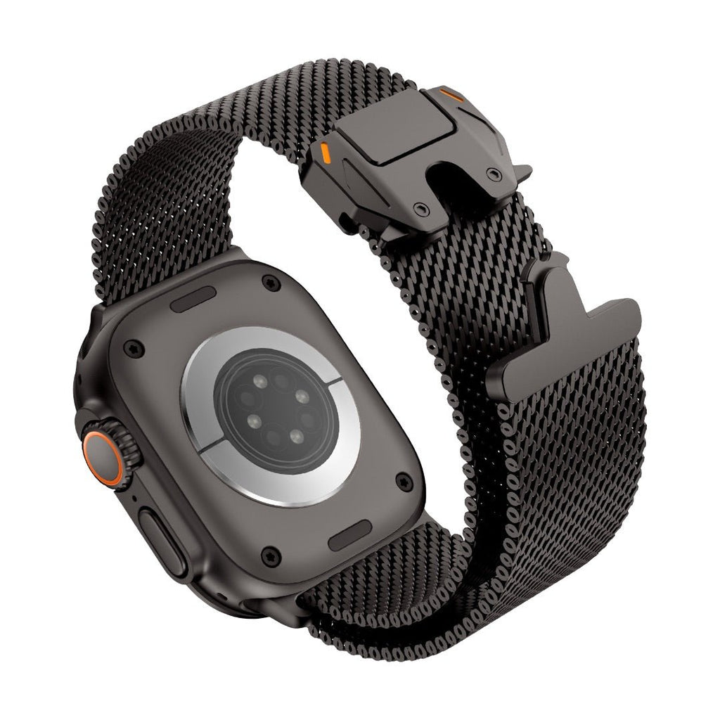 Bracelet Apple Watch maille milanaise en acier inoxydable noir avec fermoir sécurité parachute tactique robuste.