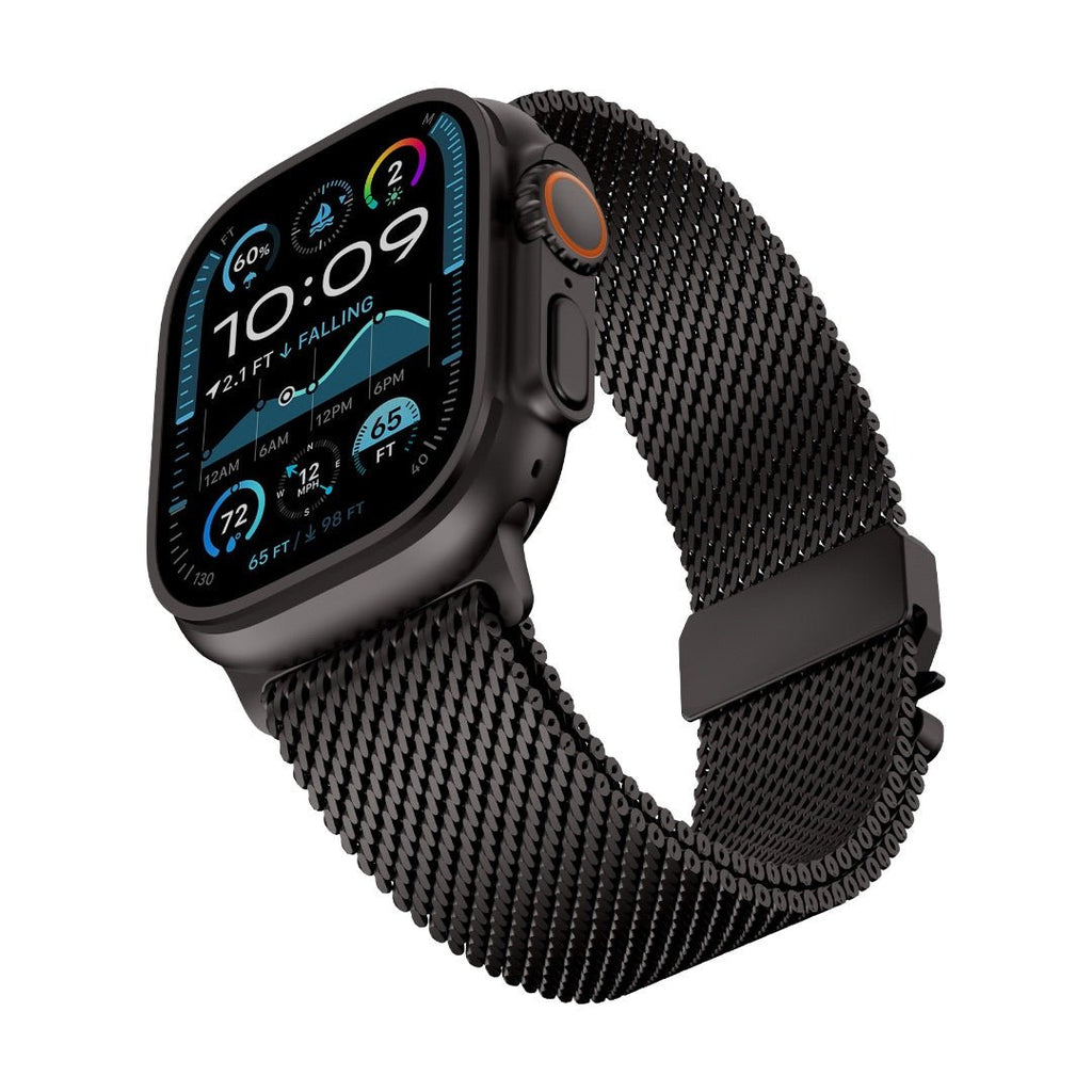 Bracelet Apple Watch maille milanaise noire en acier inoxydable avec fermoir sécurité parachute tâcheté.