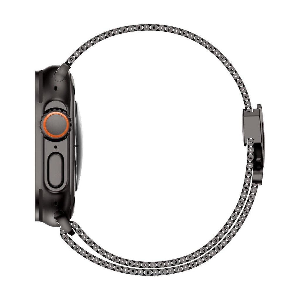 Bracelet Apple Watch maille milanaise gris acier inoxydable avec fermoir sécurité parachute noir et orange.