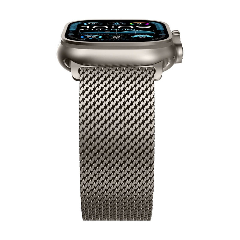 Bracelet maille milanaise en acier inoxydable gris argent pour Apple Watch avec fermoir sécurité parachute.