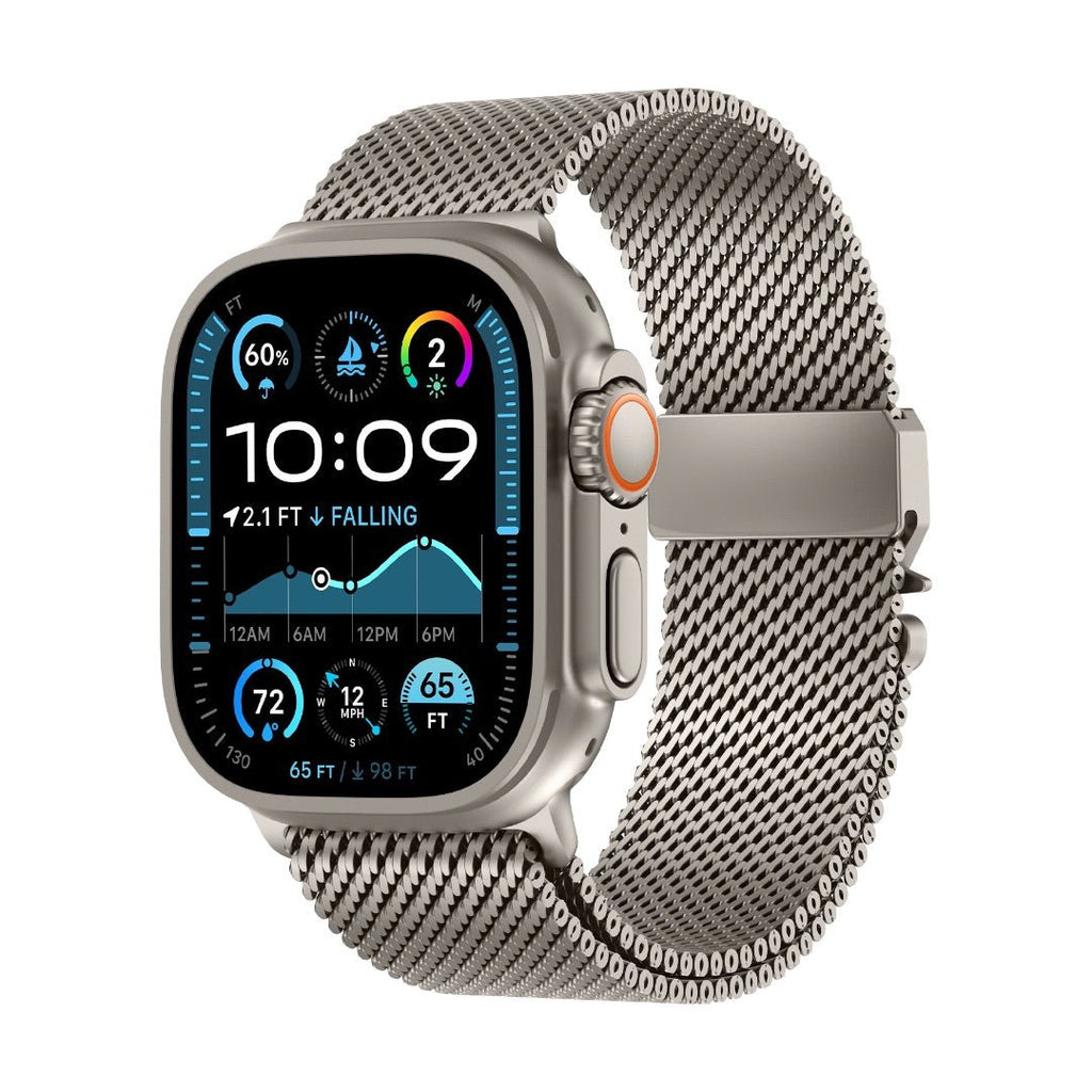 Bracelet maille milanaise en acier inoxydable gris argenté pour Apple Watch, fermoir sécurité parachute tactique, design.