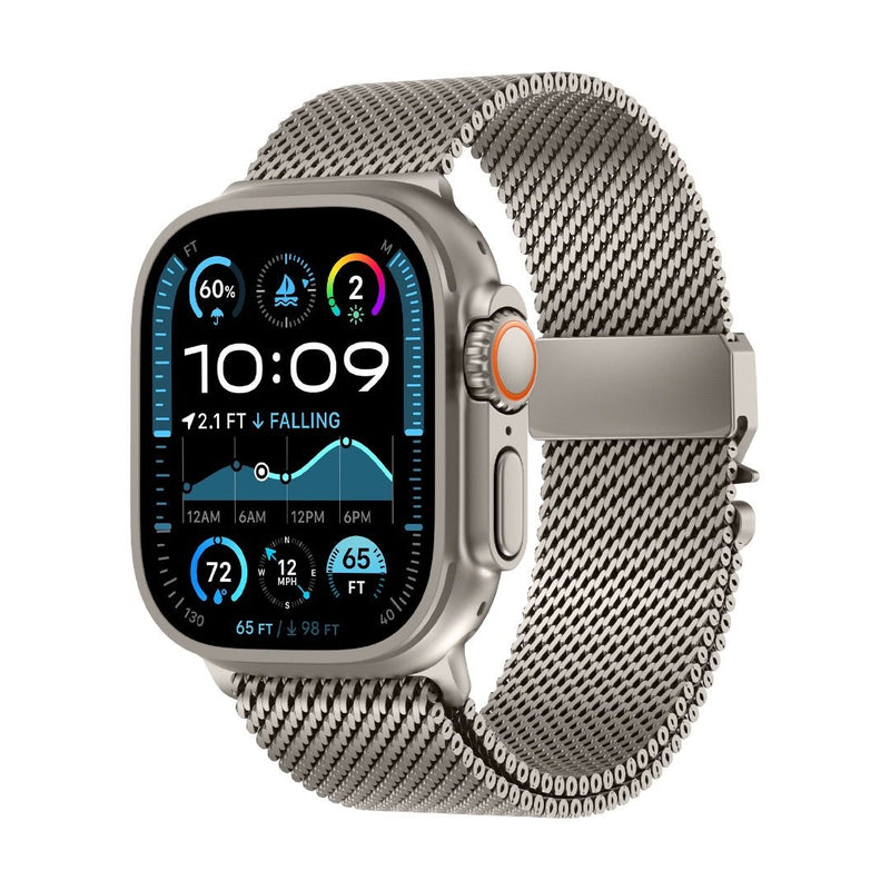 Bracelet maille milanaise en acier inoxydable gris argenté pour Apple Watch, fermoir sécurité parachute tactique, design.