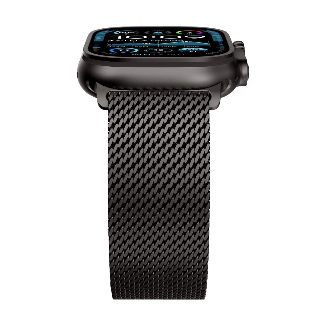 Bracelet maille milanaise noir en acier inoxydable pour Apple Watch avec fermoir sécurité parachute.