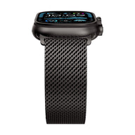 Bracelet maille milanaise noir en acier inoxydable pour Apple Watch avec fermoir sécurité parachute.