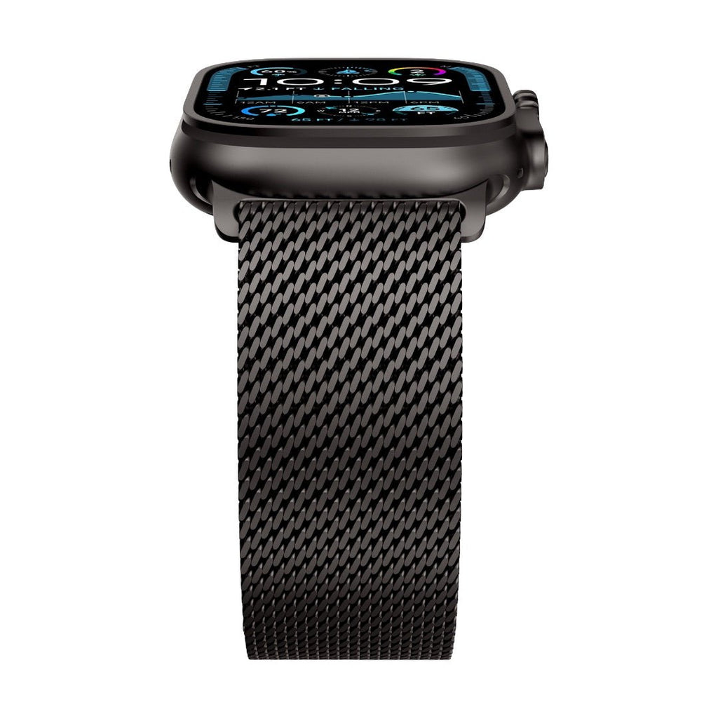 Bracelet maille milanaise noir en acier inoxydable pour Apple Watch avec fermoir sécurité parachute.