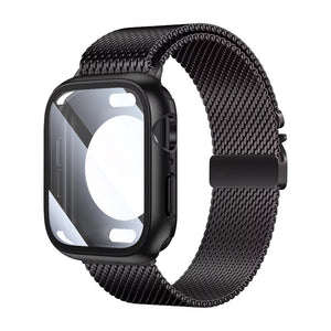 Bracelet maille milanaise épaisse noire avec coque intégrée pour Apple Watch, acier inoxydable, fermoir magnétique élégant.