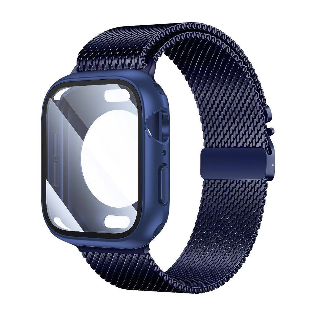 Bracelet Apple Watch maille milanaise épaisse en acier inoxydable bleu avec coque intégrée et fermoir magnétique.