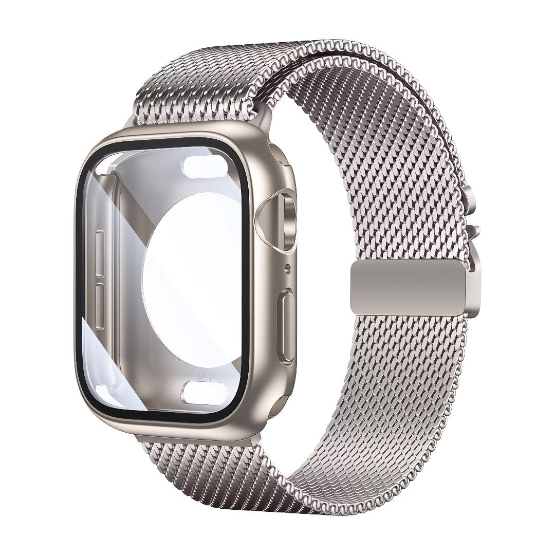 Bracelet Apple Watch maille milanaise épaisse en acier inoxydable argenté avec coque intégrée et fermoir magnétique élégant.