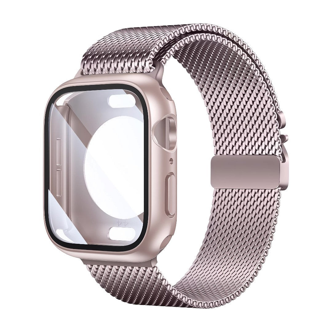 Bracelet Apple Watch maille milanaise épaisse en acier inoxydable rose doré avec coque intégrée et fermoir magnétique.