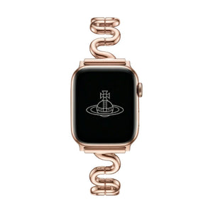 Apple Watch bracelet with wavy metal links, modern S-shaped design, adjustable push-button clasp, Sydia model
