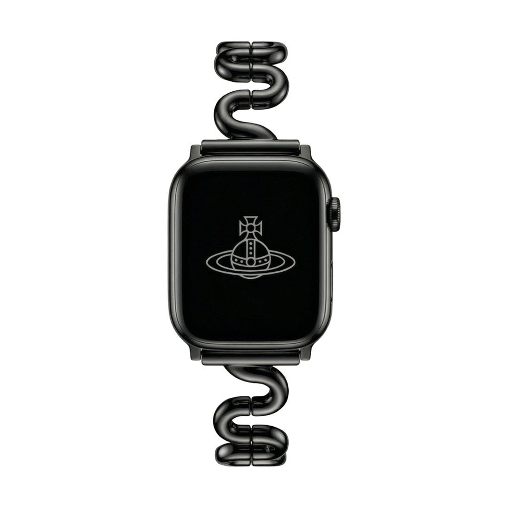 Apple Watch bracelet with wavy metal links, modern S-shaped design, adjustable push-button clasp, Sydia model
