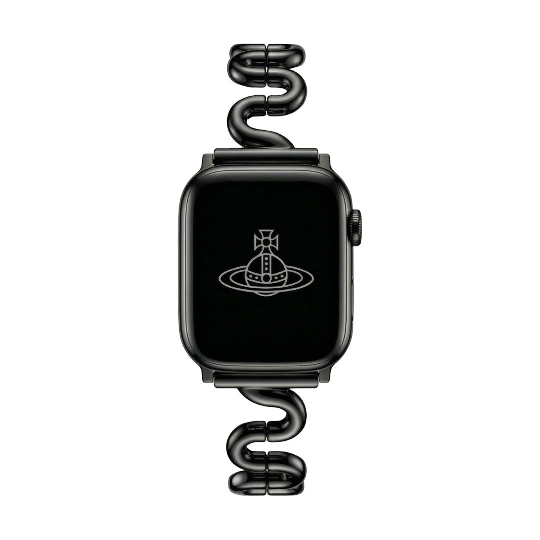 Apple Watch bracelet with wavy metal links, modern S-shaped design, adjustable push-button clasp, Sydia model