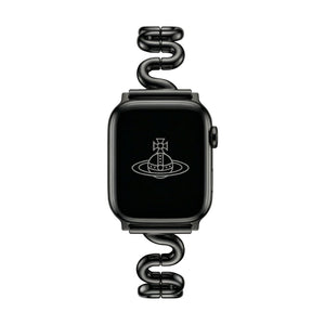 Apple Watch bracelet with wavy metal links, modern S-shaped design, adjustable push-button clasp, Sydia model